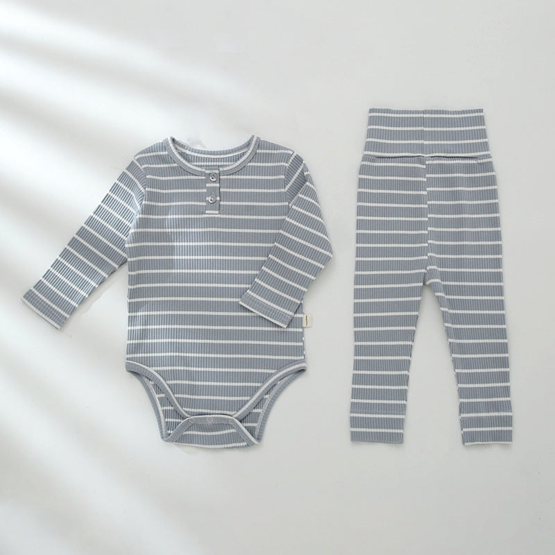 Baby Boys Girls Knitted Stripe Printed Round Neck Long Sleeved Jumpsuit Pants Set - PrettyKid