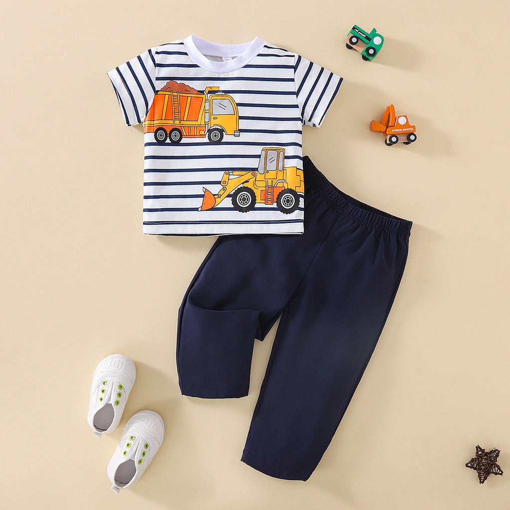 Toddler Kids Boys Striped Cartoon Car Print Short Sleeve T-shirt Solid Trousers Set - PrettyKid
