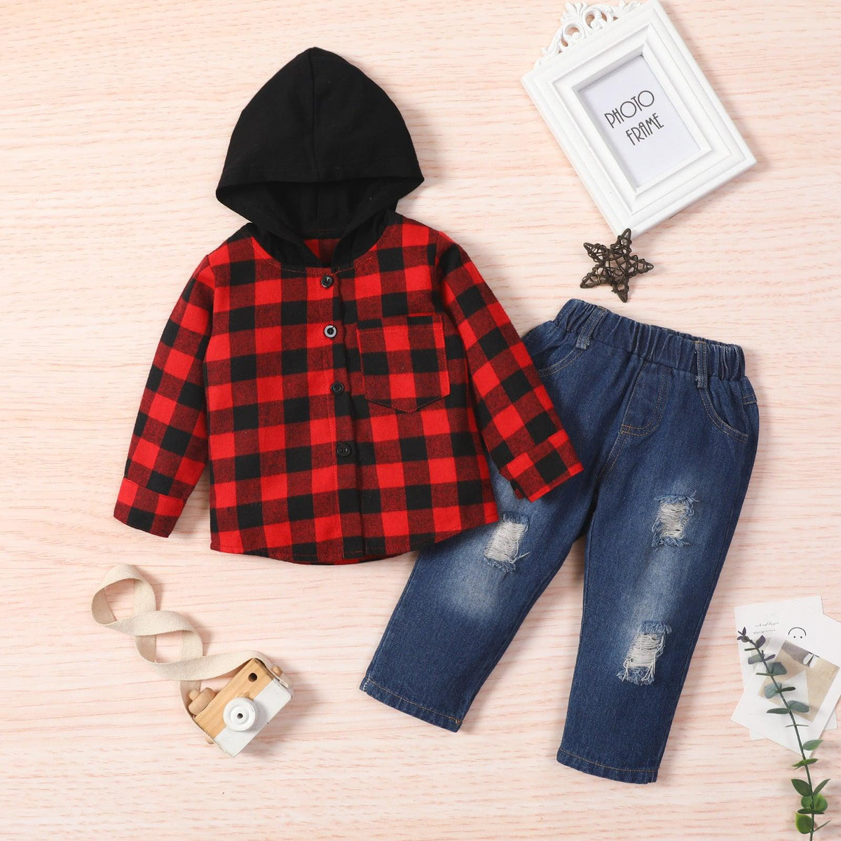 Toddler Boys Plaid Hoodie Long Sleeve Jeans Set Children's Boutique Clothing Vendors - PrettyKid