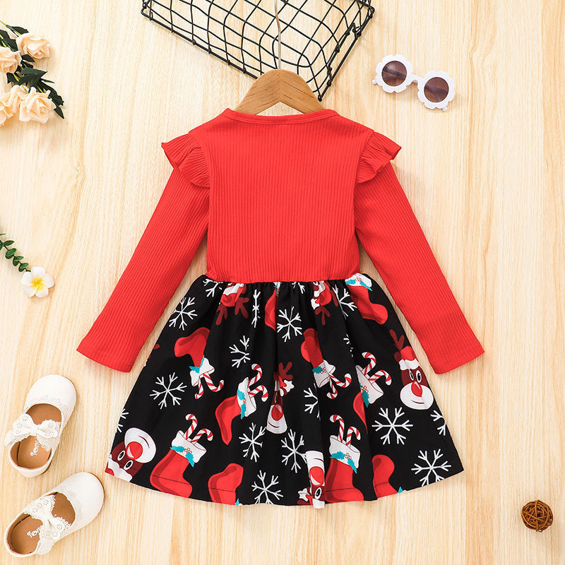 Toddler Girls Solid Color Christmas Print Dress - PrettyKid