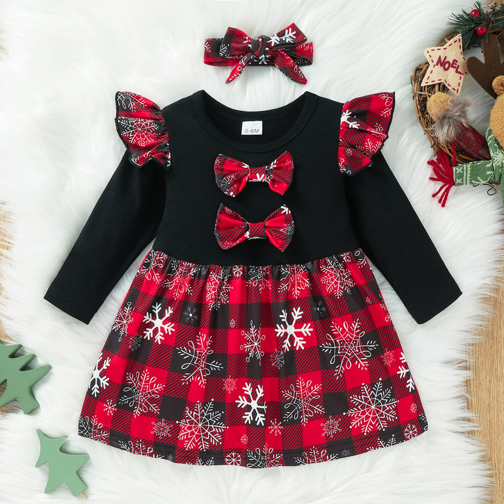 Baby Girls Snowflake Print Red Plaid Bow Dress Christmas Dress - PrettyKid