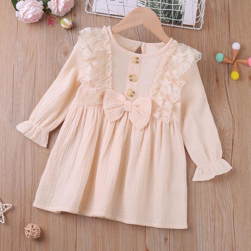 Toddler Kids Girls Solid Lace Bow Long Sleeve Dress - PrettyKid