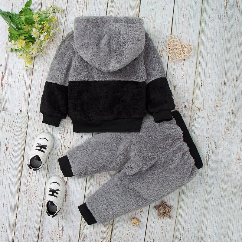 Toddler Kids Autumn Winter Sweater Solid Color Hooded Pullover Sports Suit - PrettyKid