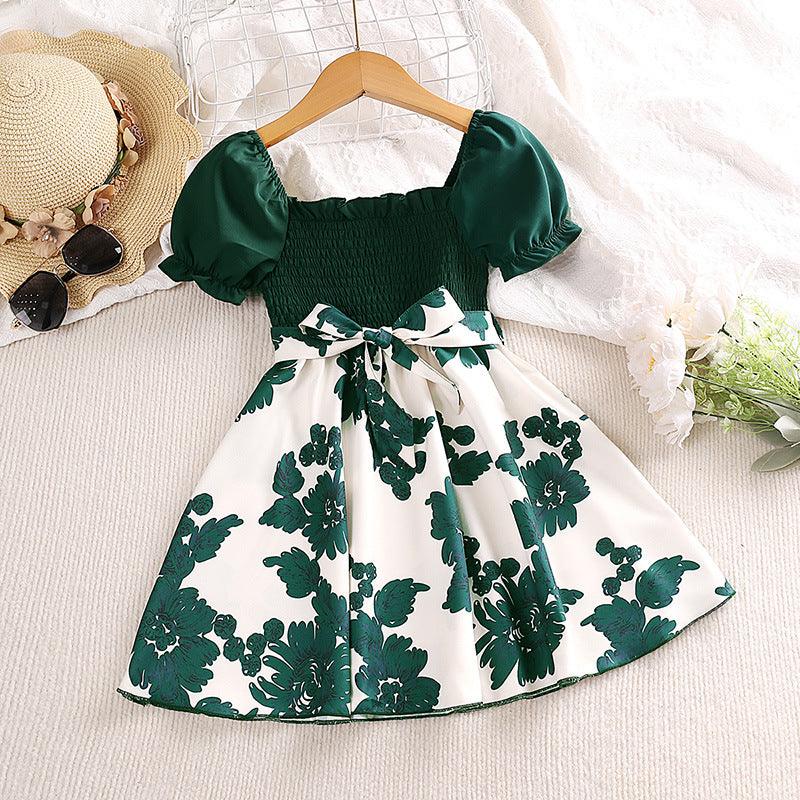 Girls' Summer Patchwork Dress Printed Fashionable Bubble Sleeve Princess Skirt