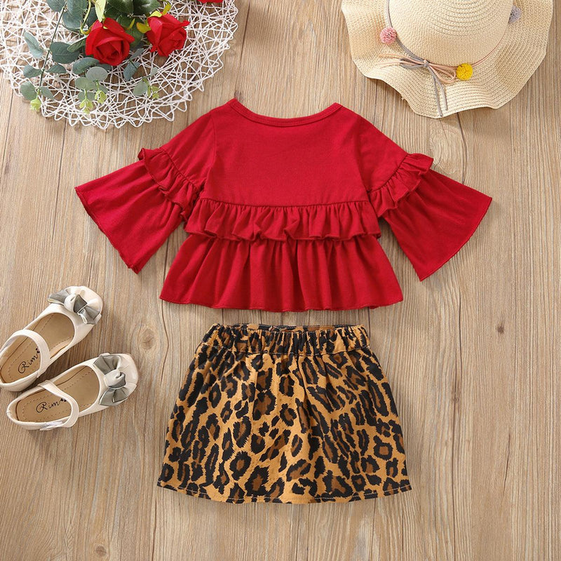 Toddler Kids Trumpet Sleeve Ruffle Lace Top Leopard Skirt Set - PrettyKid