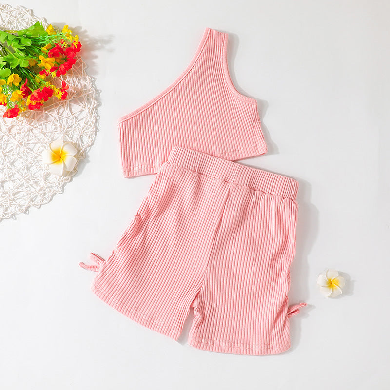 Toddler Kids Girl Solid Color One Shoulder Top Bow Shorts Set - PrettyKid
