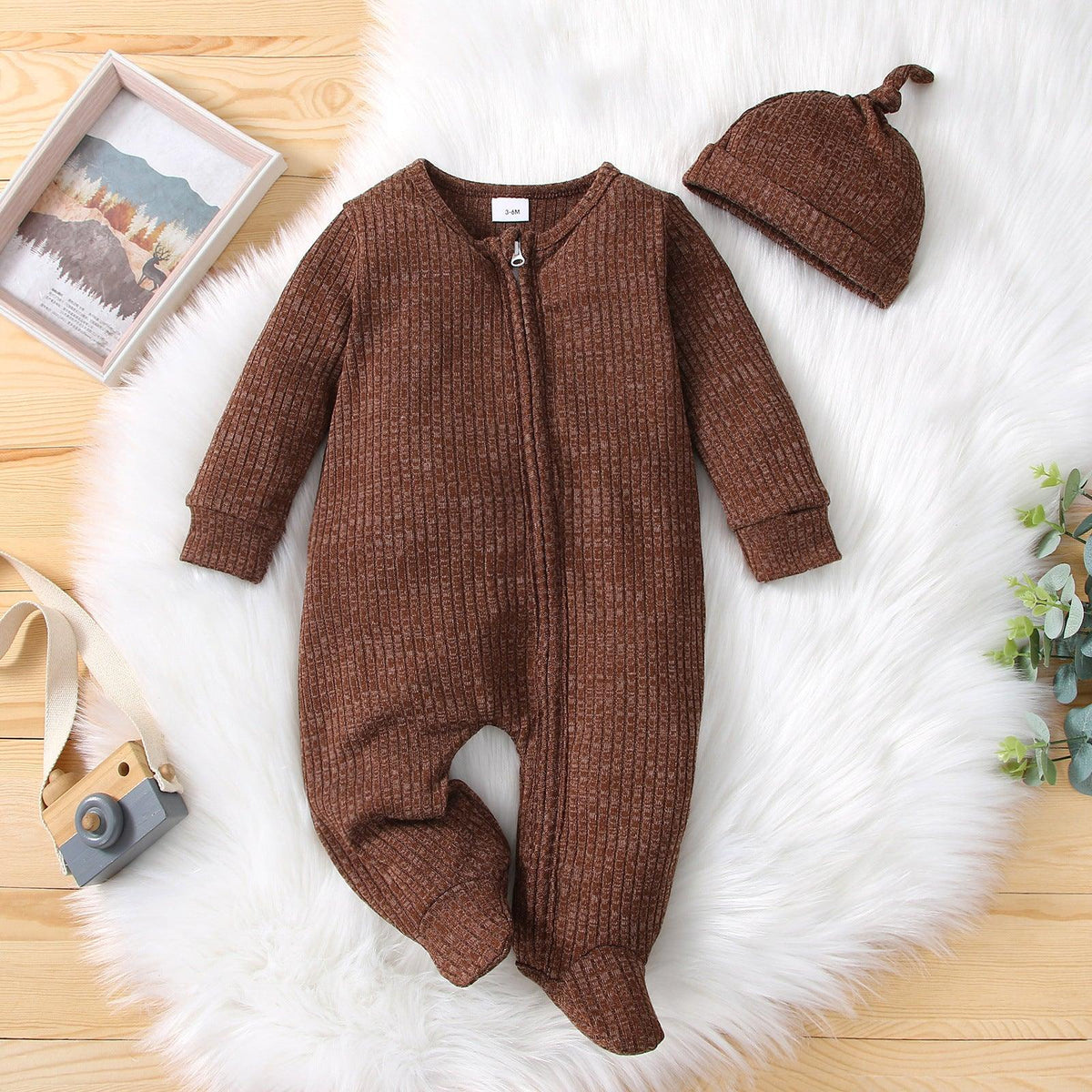 Baby Boys Girls Zipper Long Sleeve Foot Wrap One-piece Suit Hat Set - PrettyKid