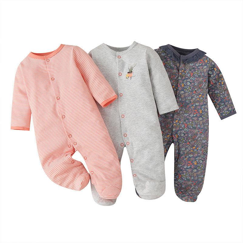 3PCS Baby Boys Girls Solid Color Cute Printed Cotton Wrap Long Sleeve Jumpsuit - PrettyKid