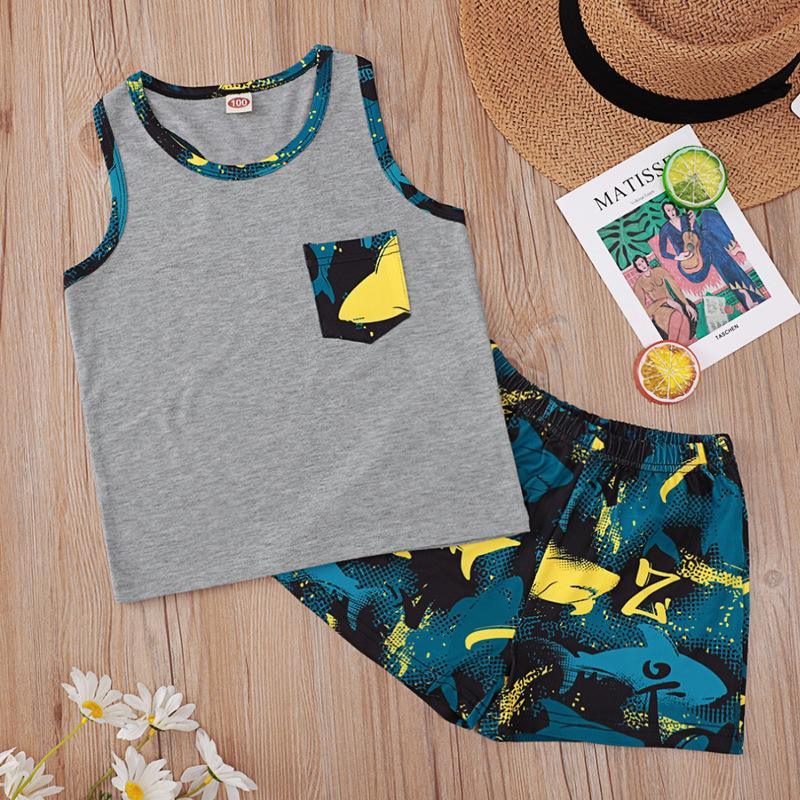 Sleeveless Top Shark Printing Suit - PrettyKid