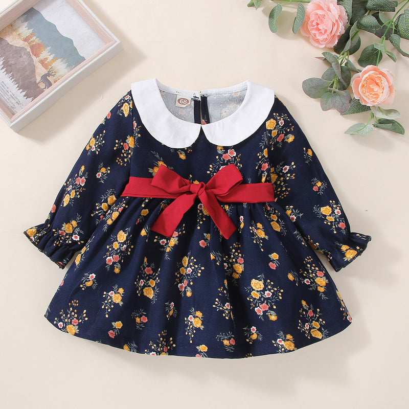 Toddler Girls Navy Blue Lapel Floral Print Dress Wholesale Baby Clothes Bulk - PrettyKid