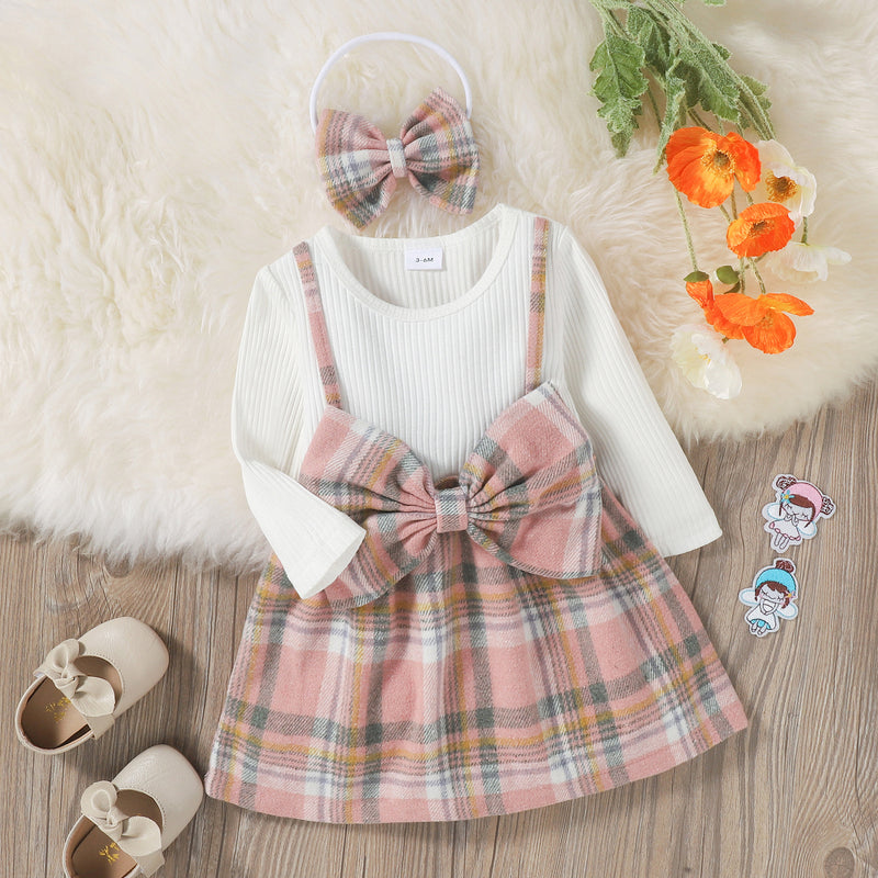 Toddler Kids Girls Plaid Bow Fake Two Pieces Dress Hairband Set - PrettyKid