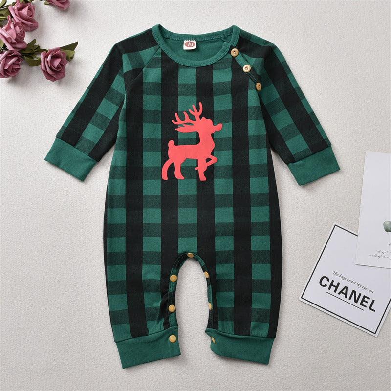 Baby Boys Girls Plaid Print Christmas Deer Long-sleeved Jumpsuit - PrettyKid