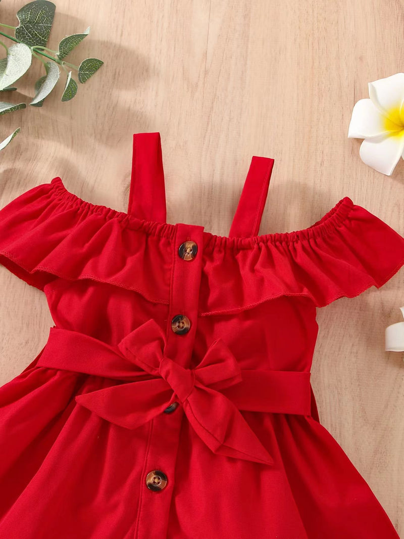 Baby Girl Spring and Summer Suspender Solid Color Off Shoulder Dress