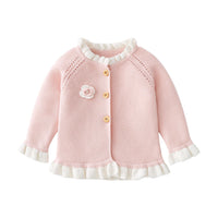 Toddler Girls Solid Color Cotton Lace Cute Flower Embroidery Button Knit Coat - PrettyKid