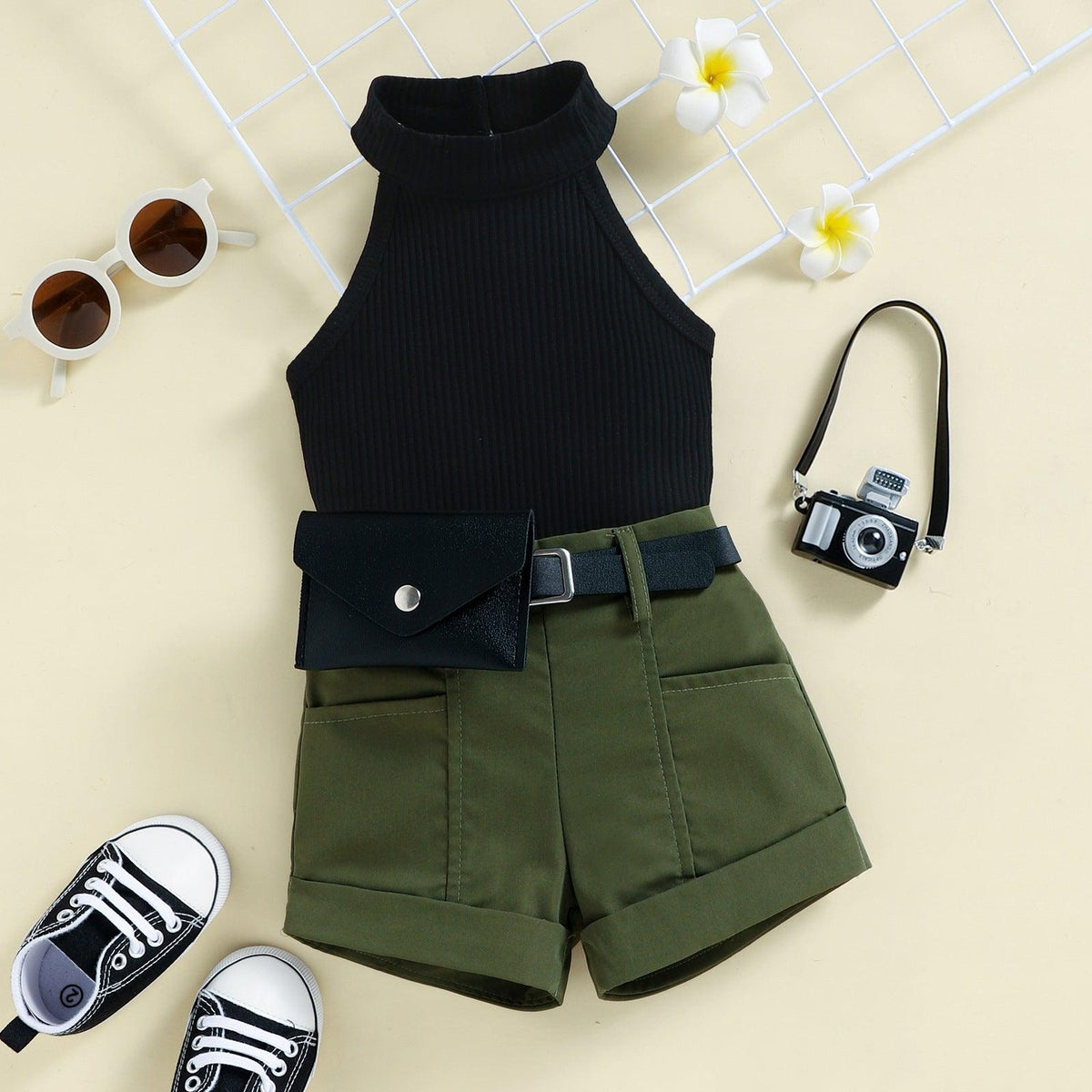 Girls' Neck Hole Top, Shorts, Waist Bag, Three-piece Suit