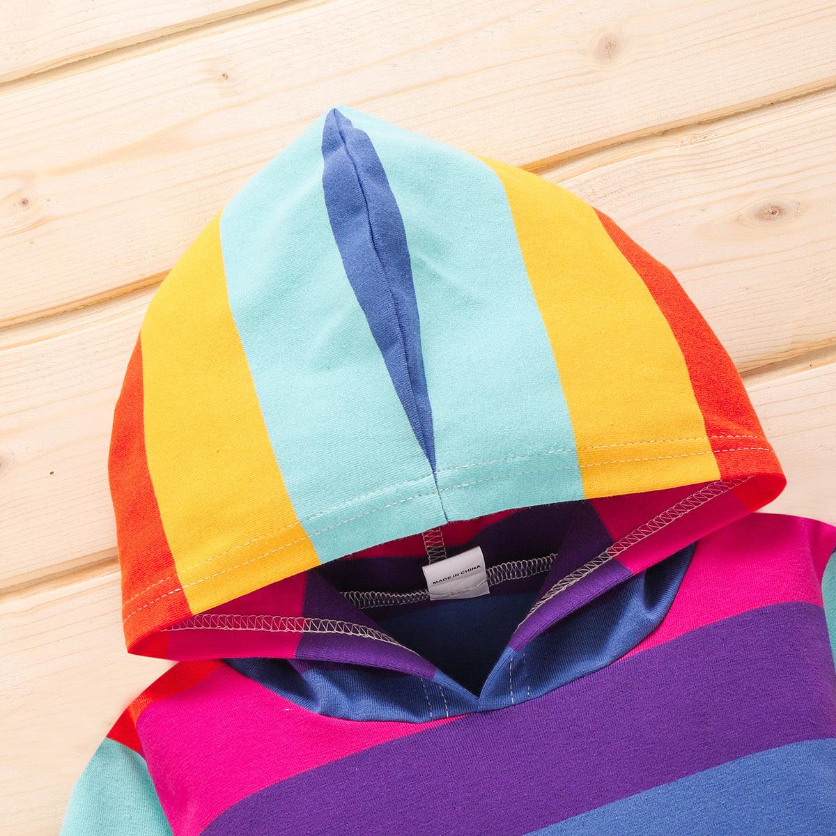 Toddler Kids Children's Rainbow Printed Long Sleeve Hooded Top - PrettyKid