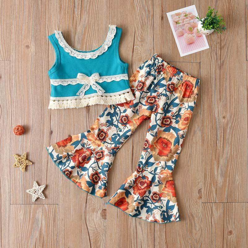 Toddler Kids Girl Solid Sleeveless Lace Patchwork Top Print Flared Pants Set - PrettyKid