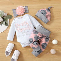 Baby Girls Solid Color Letters Long-sleeved Jumpsuit Floral Print Pants Hood Hat Four-piece Set - PrettyKid