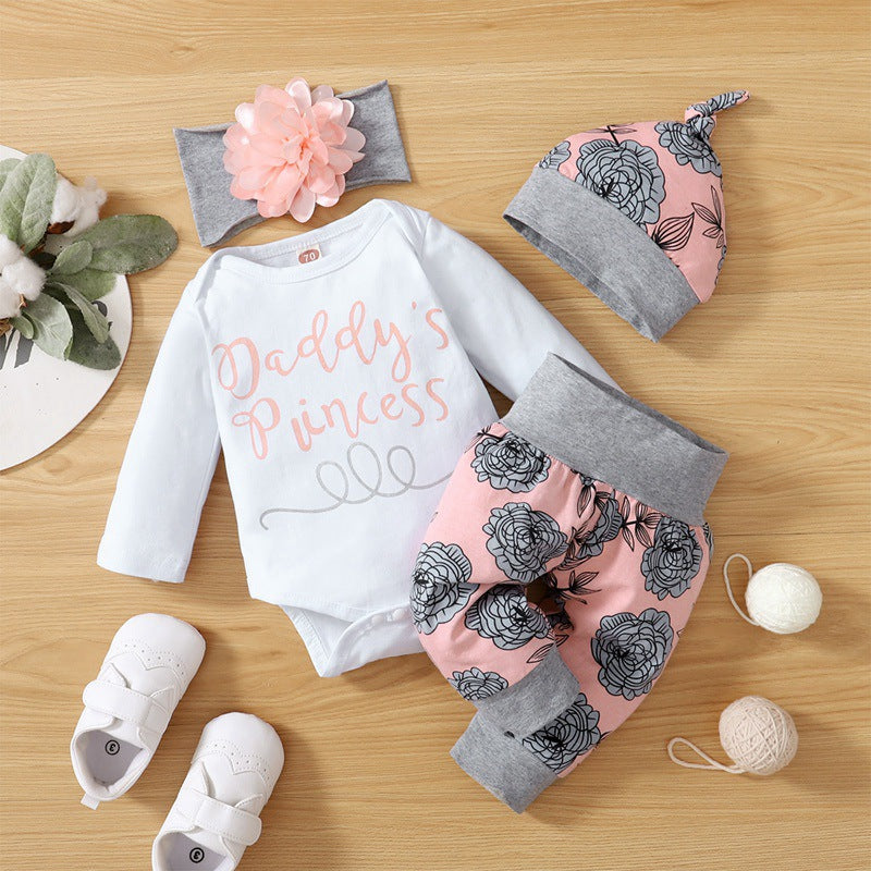 Baby Girls Solid Color Letters Long-sleeved Jumpsuit Floral Print Pants Hood Hat Four-piece Set - PrettyKid