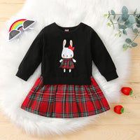 Toddler Girls Solid Color Cartoon Rabbit Print Patchwork Plaid Dress - PrettyKid