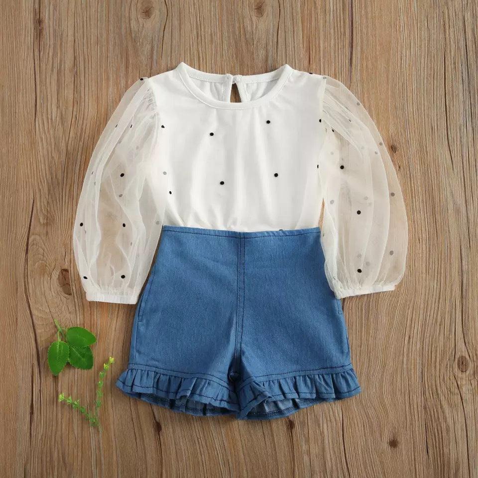 Toddler kids girls dot printed lace bubble sleeve jacket ruffled shorts two-piece set - PrettyKid