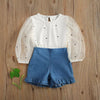 Toddler kids girls dot printed lace bubble sleeve jacket ruffled shorts two-piece set - PrettyKid