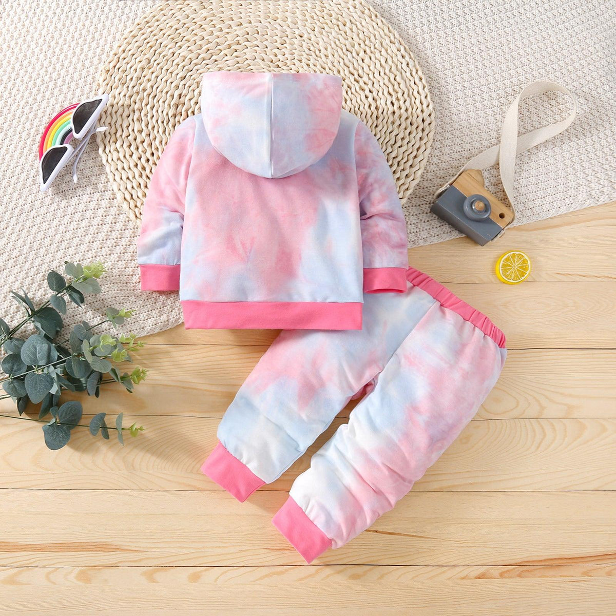 Toddler Girls Cute Cartoon Tie-dye Long-sleeved Hooded Two-piece Suit - PrettyKid