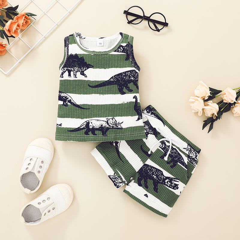 9M-4Y Toddler Boys Sets Ribbed Dinosaur Tank Top And Shorts Wholesale Toddler Boy Clothes - PrettyKid