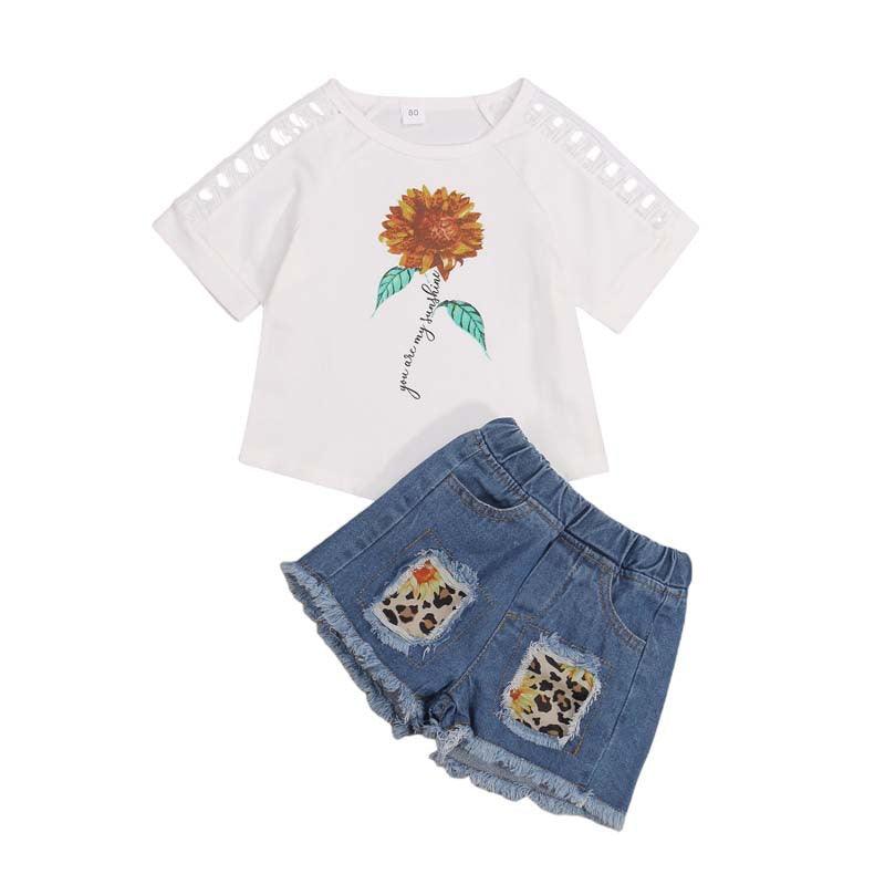 Toddler Kids Girls Solid Sunflower Print Shoulder Cut-out Top Leopard Denim Shorts Set - PrettyKid