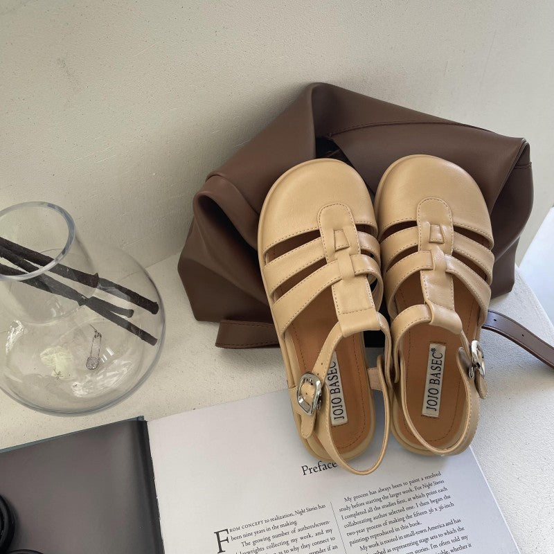 2022 Women Spring and Summer New Fashion Casual Flat Roman Shoes Package Head Hollow Woven Mary Jane Shoes - PrettyKid