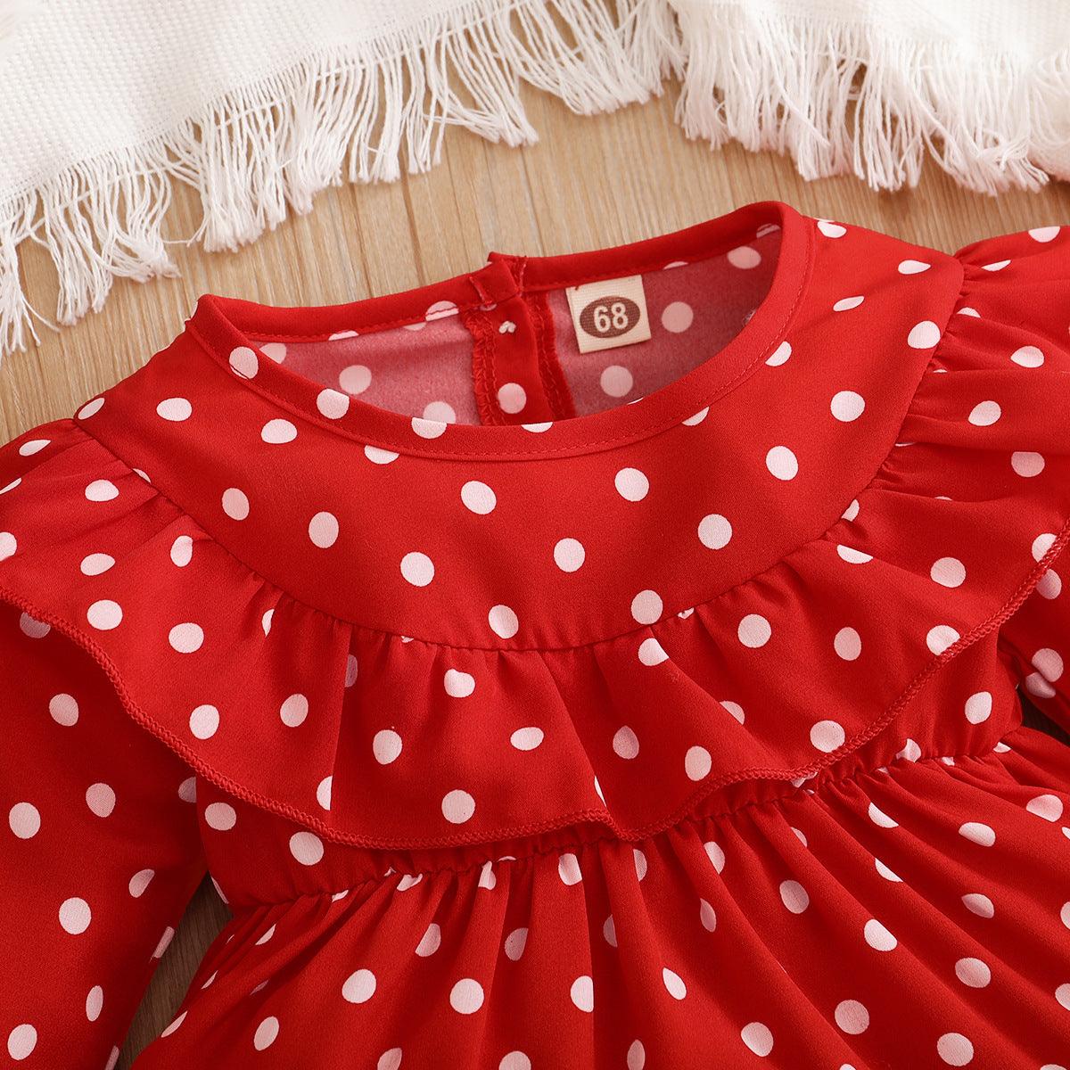 Toddler Girls Red Wave Dot Long Sleeve Dress - PrettyKid