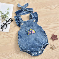 Baby Girls' Denim Rainbow Printed Jumpsuit Suit - PrettyKid