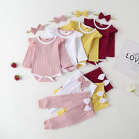 Baby Girls Solid Cotton Bow Jumpsuit Pants Three Piece Set - PrettyKid