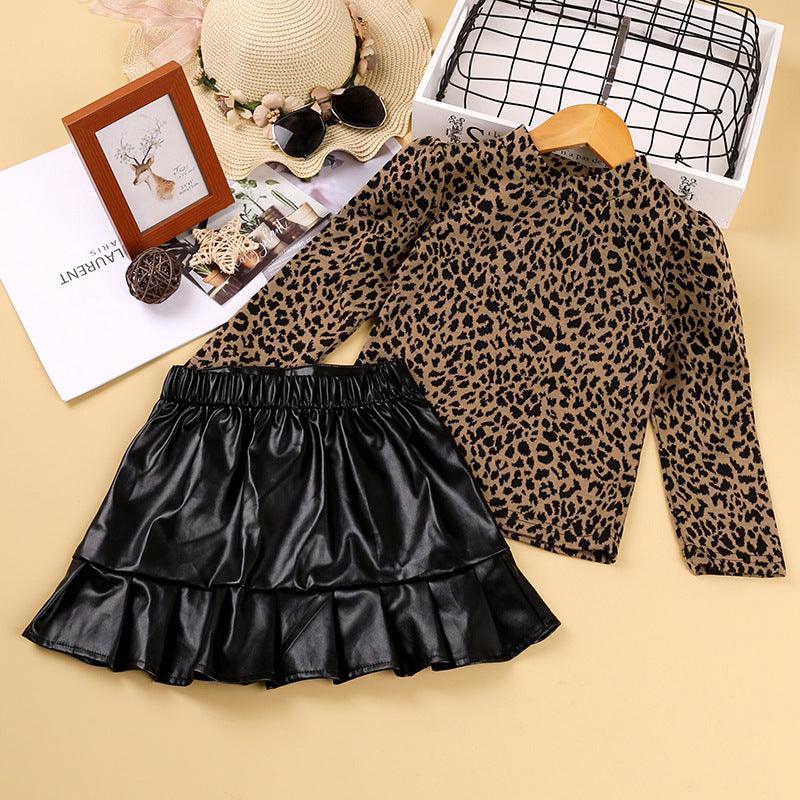 Toddler Girls Leopard Long Sleeve Top Leather Skirt Two Piece Set - PrettyKid