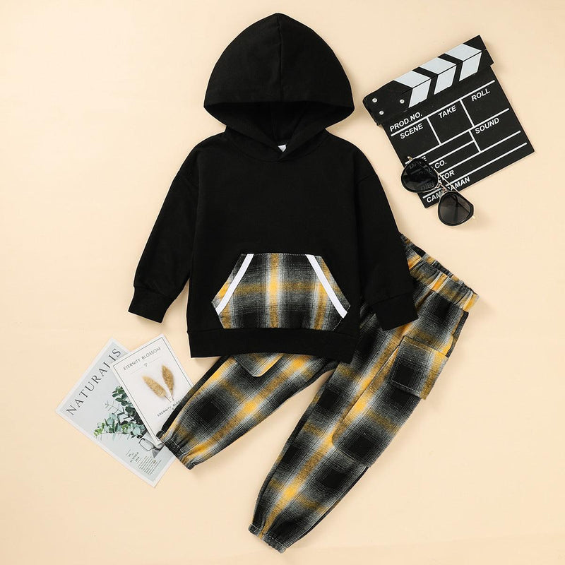 Toddler Kids Boys Solid Color Hooded Sweatshirt Plaid Pants Set - PrettyKid