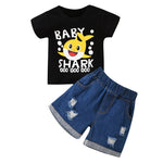 Toddler kids Summer Solid Cartoon Shark Print Short Sleeve T-Shirt Perforated Denim Shorts Set - PrettyKid