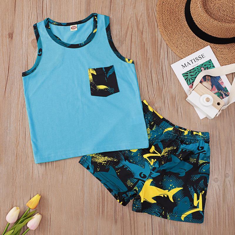 Sleeveless Top Shark Printing Suit - PrettyKid