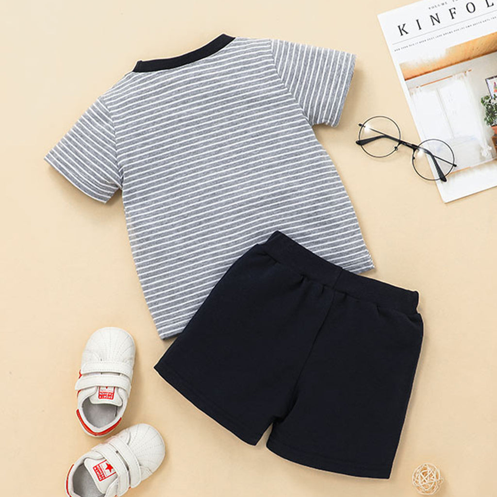 Toddler Kids Boys Summer Stripe Letter Print Short Sleeve T-shirt Black Shorts Sportswear - PrettyKid