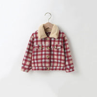 Children Girls' Red Plaid Lapel Lamb Wool Collar Coat - PrettyKid