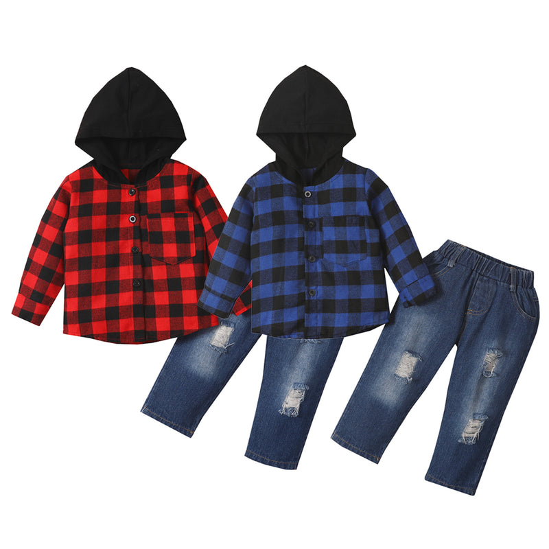 Toddler Boys Plaid Hoodie Long Sleeve Jeans Set Children's Boutique Clothing Vendors - PrettyKid
