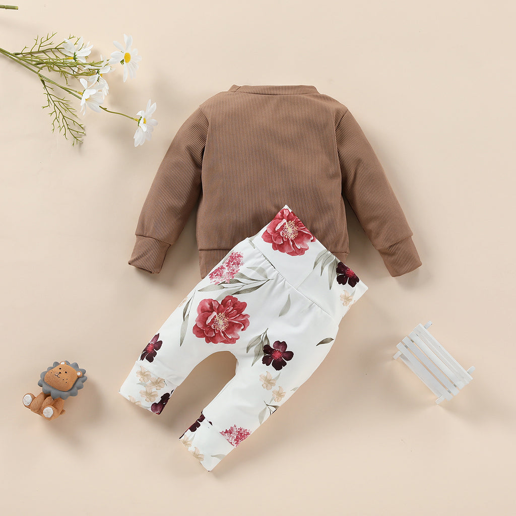Toddler Kids Solid Color Knitted Rainbow Top Flower Printed Pants Set - PrettyKid