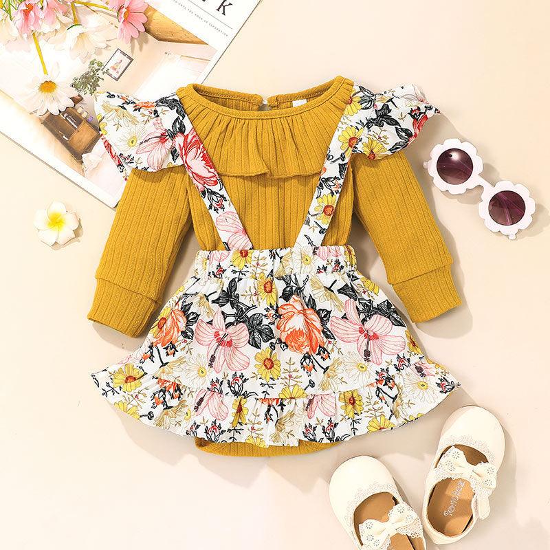 Baby Girls Solid Color Long Sleeve One-piece Dress Flower Print Suspender Skirt Set - PrettyKid