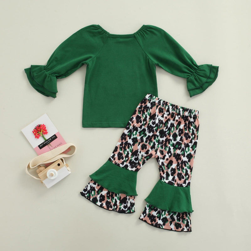 Toddler Kids Girls Green Round Neck Trumpet Sleeve Top Leopard Clover Long Sleeve Set - PrettyKid