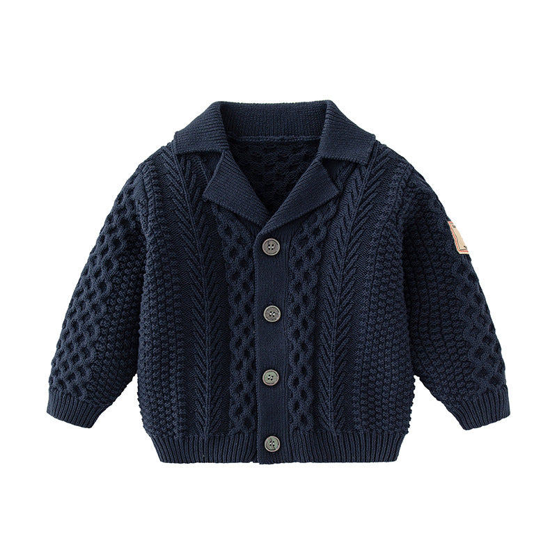 Baby Boys Solid Color Simple Patch Twist Knit Lapel Cardigan Jacket - PrettyKid
