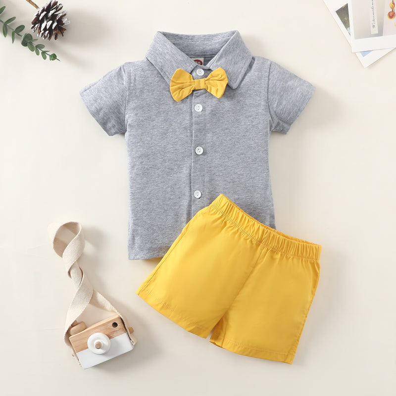 Toddler Kids Boys Solid Colour Lapel Bow Tie Short Sleeve T-shirt and Shorts Gentleman's Suit - PrettyKid