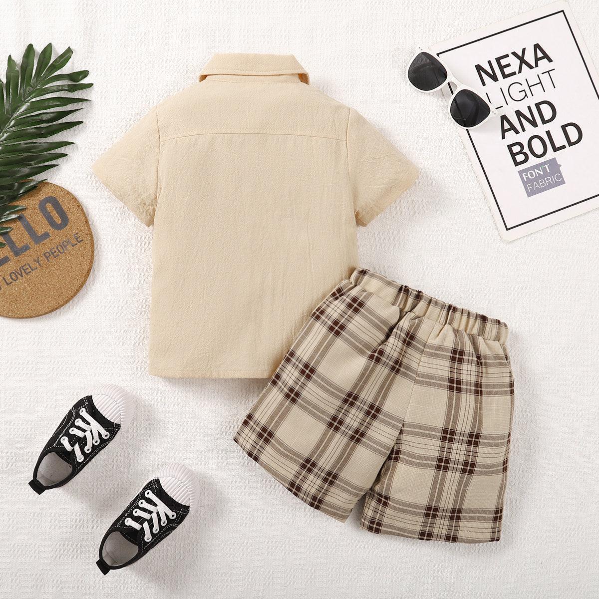 Boys' Solid Color Shirt+checked Shorts