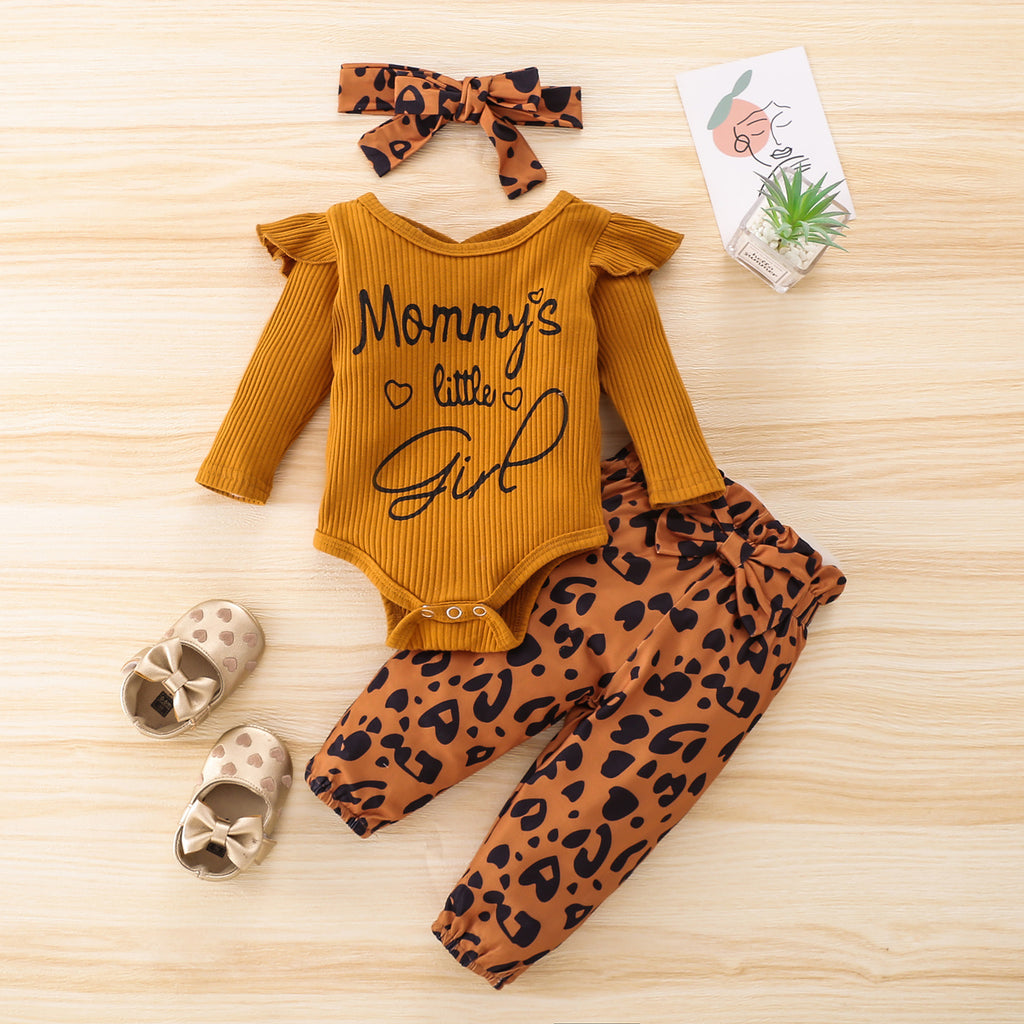 Baby Girls Letter Printed Jumpsuit Leopard Pants Hair Three Piece Valentine's Day Dress - PrettyKid