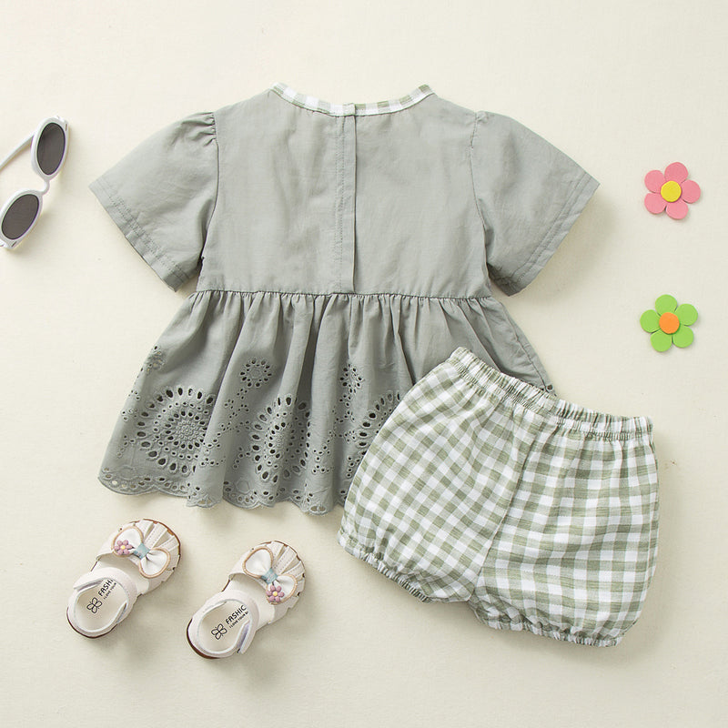 Toddler Girls Solid Color Round Neck Short Sleeve Top Plaid Printed Shorts Set - PrettyKid