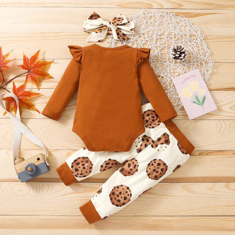 Baby Girl Solid Color Long Sleeve Cookie Print Jumpsuit Suit - PrettyKid