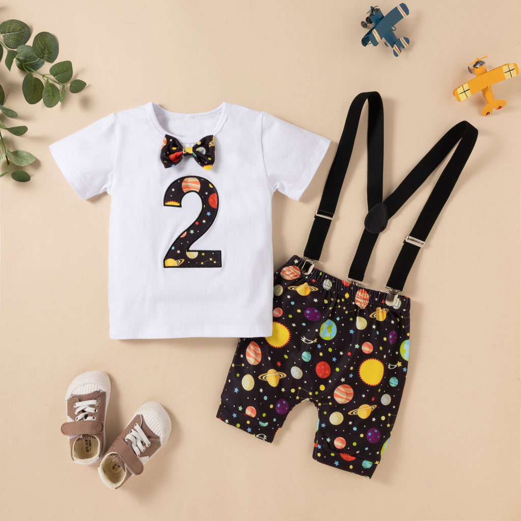 Toddler Boys Solid Color Digital 2 Starry Sky Print Short Sleeve 2-year-old Strap Birthday Suit - PrettyKid